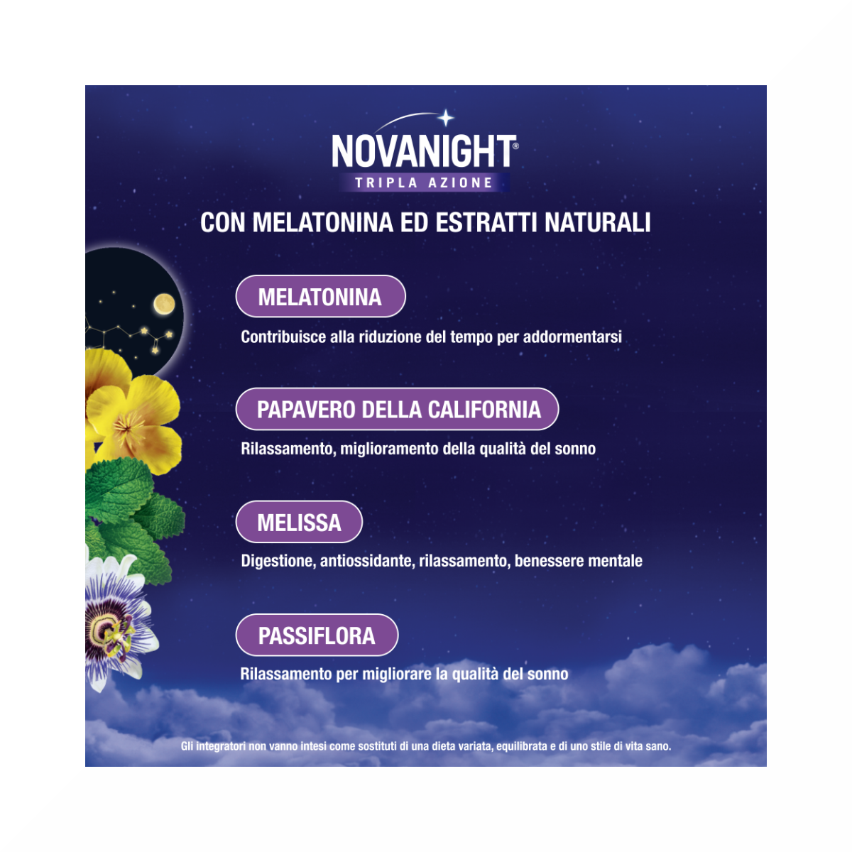 Novanight Triple Action à la mélisse et à la mélatonine pour dormir, sans gluten, 30 comprimés