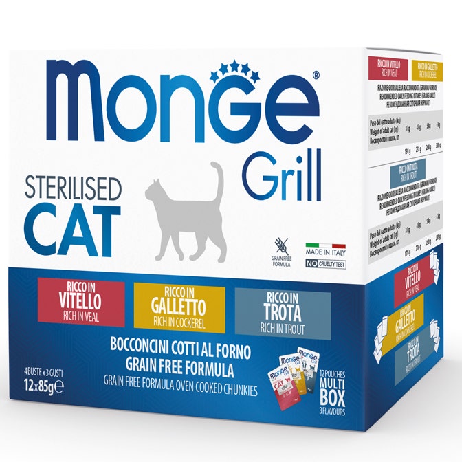 Monge Grill Sterilised Multibox Mix Veau, Coq et Truite pour chats stérilisés, 12 sachets