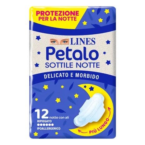 Lines Petalo Sottile Notte 12 serviettes hygiéniques de nuit avec ailettes
