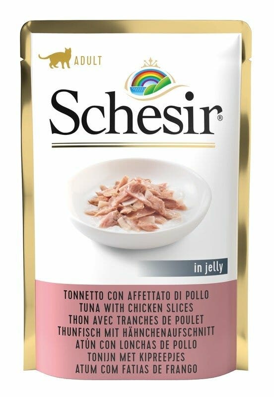 Schesir Thon avec tranches de poulet en gelée, nourriture humide pour chats adultes, sachet de 85 g