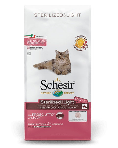 Schesir Sterilized&Light Croquettes au jambon pour chats adultes, sac de 10 kg