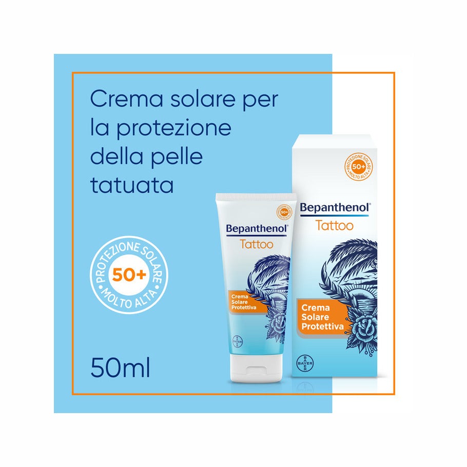 Bepanthenol Tattoo Crème solaire très haute protection SPF50+ pour tatouages au panthénol 50 ml