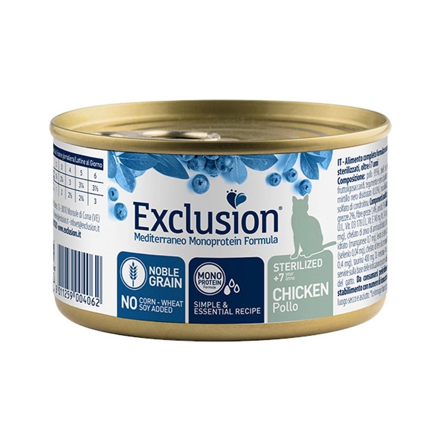 Exclusion Mediterraneo Monoprotein Noble Grain Nourriture humide au poulet pour chats stérilisés de plus de 7 ans Boîte de 85 g