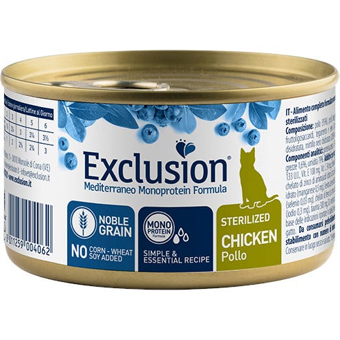 Exclusion Mediterraneo Monoprotein Noble Grain Nourriture humide au poulet pour chats stérilisés 85 g
