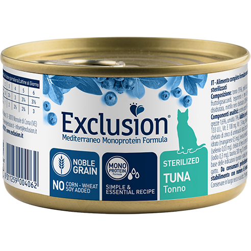 Exclusion Mediterraneo Monoprotein Noble Grain Nourriture humide au thon pour chats stérilisés 85 g