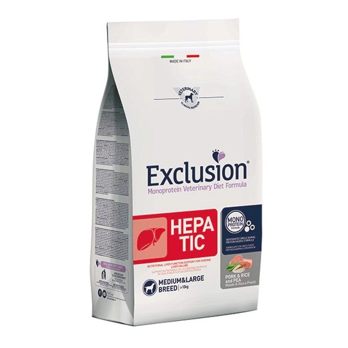 Exclusion Monoprotein Veterinary Diet Formula Hepatic Croquettes Porc/Riz/Pois pour Chiens, Sac de 2 kg