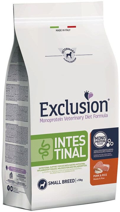 Exclusion Monoprotein Veterinary Diet Formula Intestinal Croquettes Porc et Riz pour Chiens Adultes de Petite Taille Sac de 7 kg