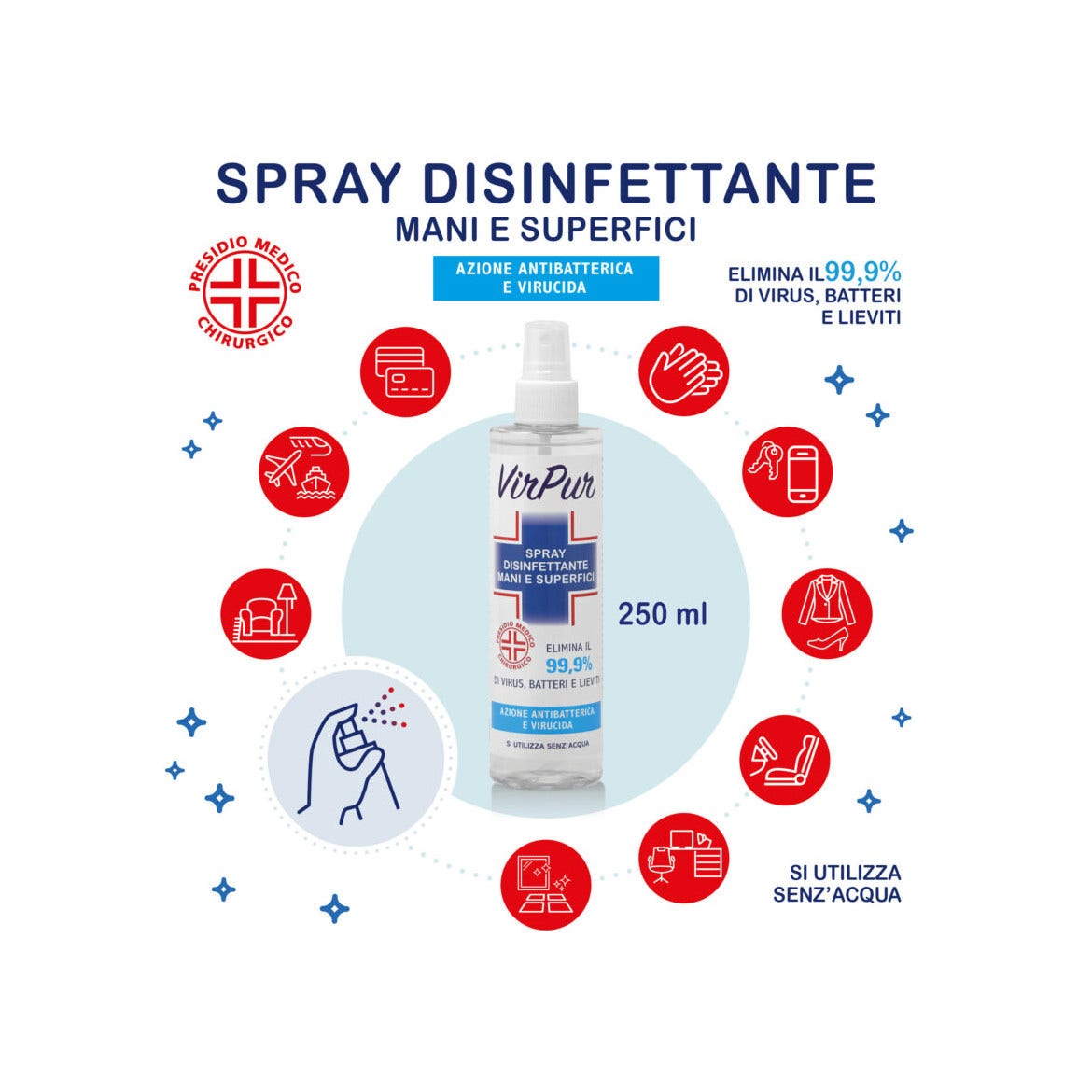 Virpur Spray désinfectant pour les mains et les surfaces 250 ml Efficace