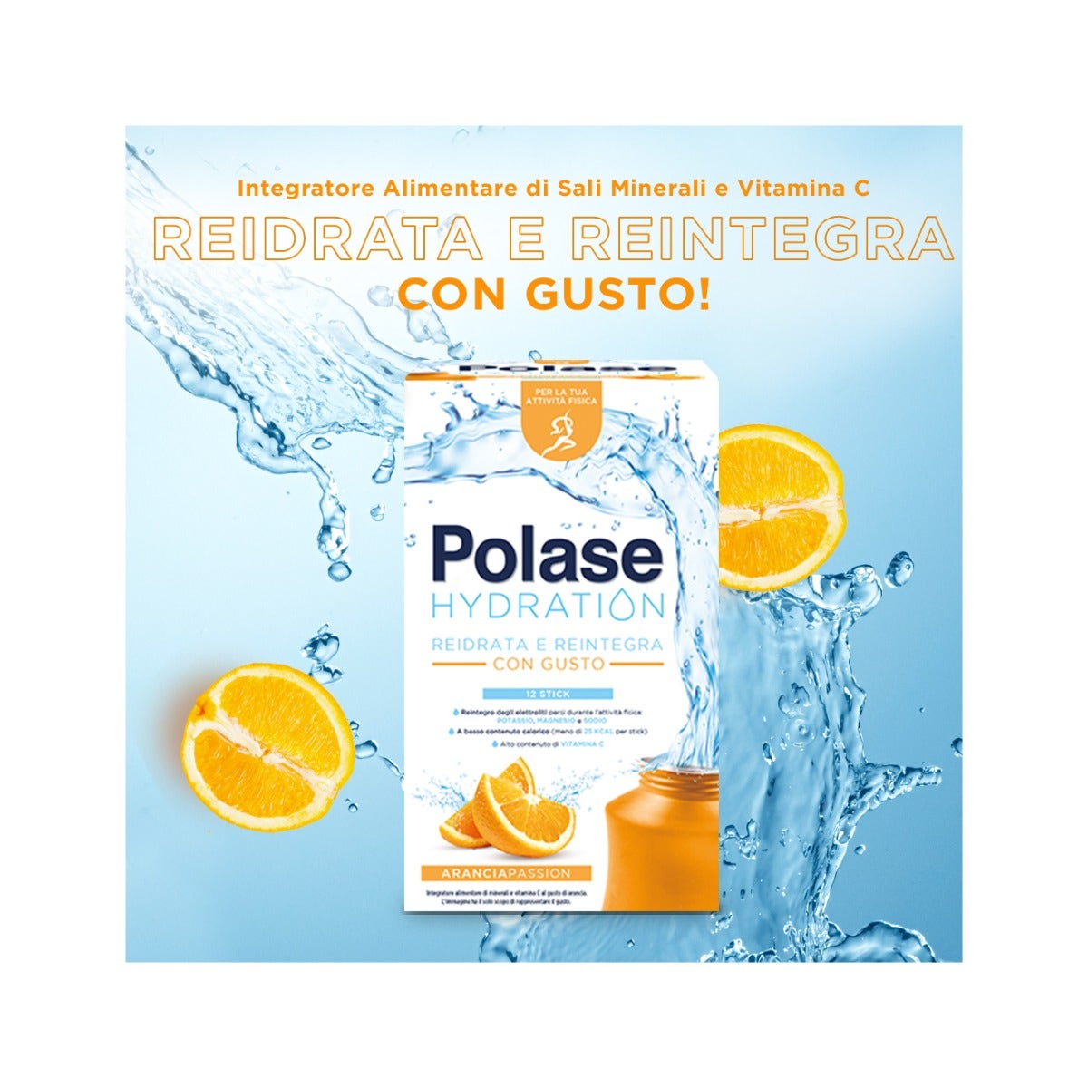 Polase Hydration Complément alimentaire Magnésium/Potassium Sels minéraux Vitamine C Orange 12 sticks