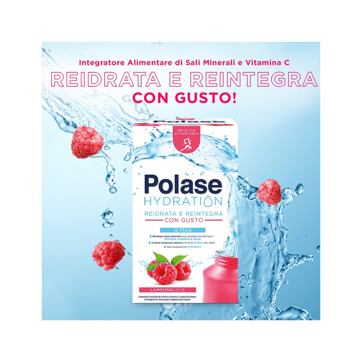 Polase Hydration Complément alimentaire Magnésium et potassium Sels minéraux Vitamine C Framboise 12 sticks