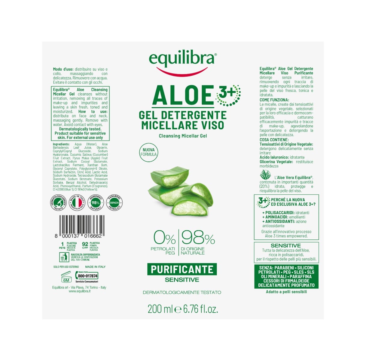 Equilibra Aloe Gel Detergente Micellare Viso Purificante 200ml