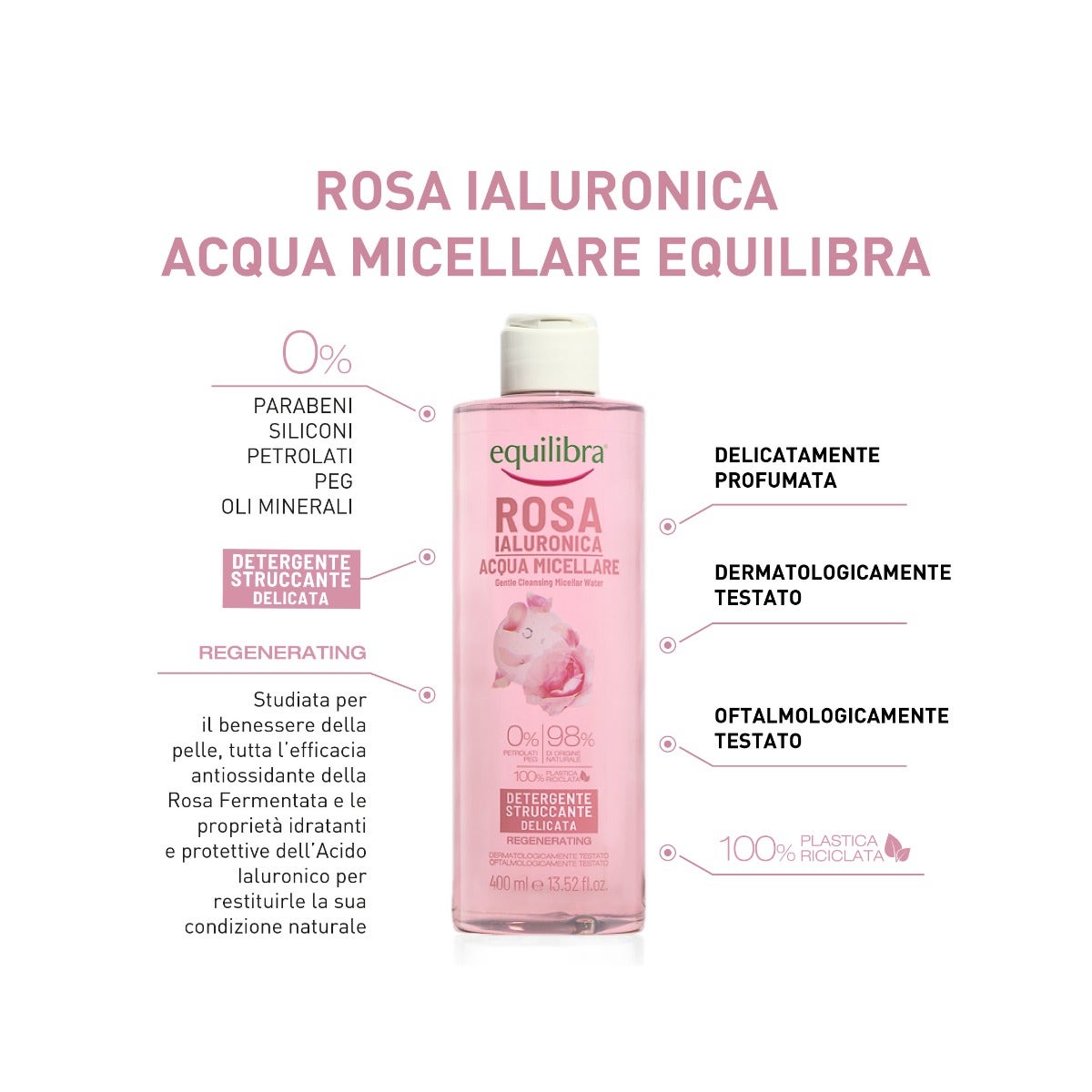Equilibra Rosa Ialuronica Acqua Micellare Detergente/Struccante Delicata 400ml