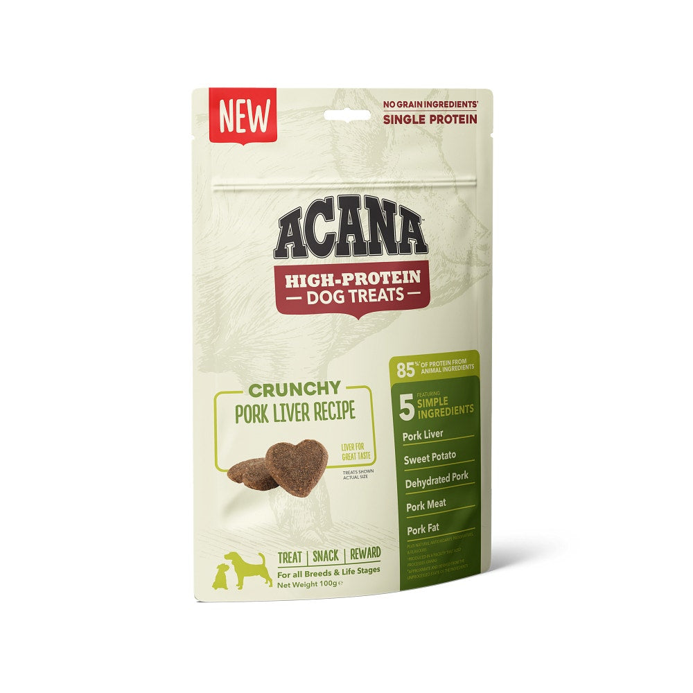 Acana Friandises pour chiens riches en protéines, croquantes, à la recette de foie de porc, sachet de 100 g