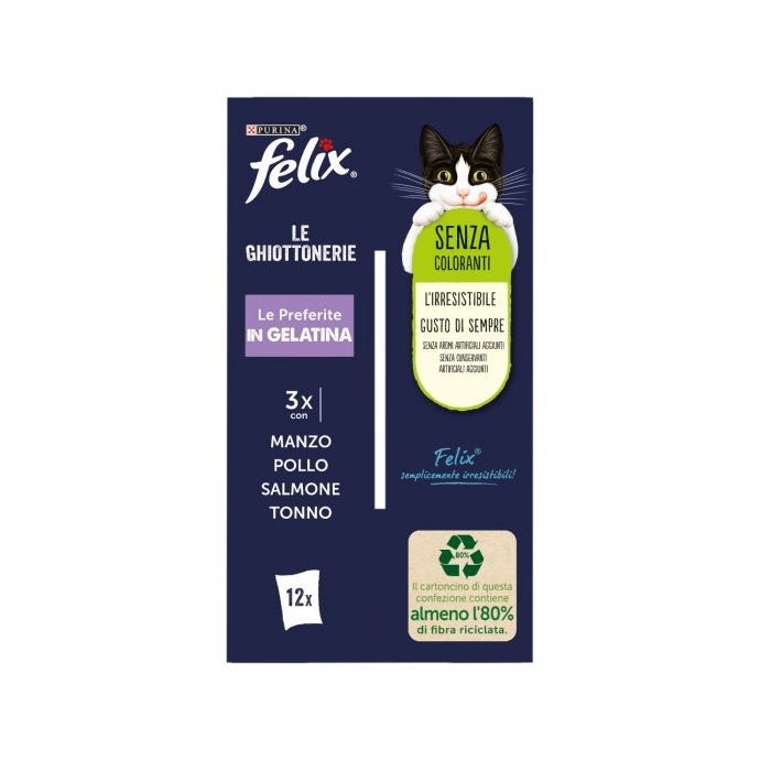 Purina Felix Le Ghiottonerie Gusto Manzo/Pollo/Salmone/Tonno Cibo Umido Gatti Adulti Busta 12x85g