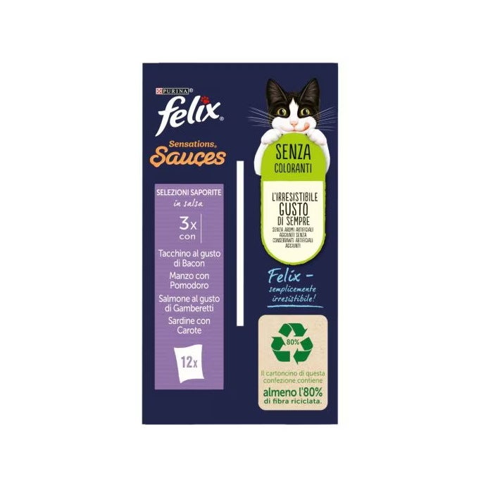 Purina Felix Sensations Sauces Tacchino/Manzo/Salmone/Sardine Cibo Umido Gatti Adulti Busta 12x85g