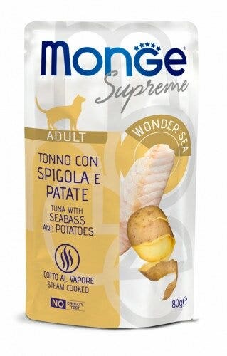 Monge Supreme Morceaux de thon au bar et pommes de terre pour chats adultes, sachet de 80 g
