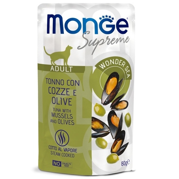 Monge Supreme Morceaux de thon aux moules et aux olives, nourriture humide pour chats adultes 80 g