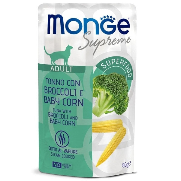 Monge Supreme Morceaux de thon aux brocolis et maïs baby, nourriture humide pour chats adultes, 80 g
