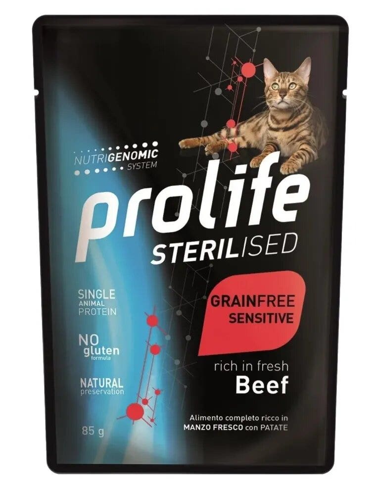 Prolife Sterilised Cat Grainfree Sensitive Nourriture humide au bœuf pour chats adultes 85 g