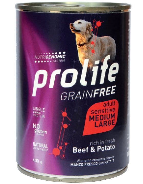 Prolife Dog Grain Free Sensitive Bœuf & Pommes de terre pour chiens adultes de taille moyenne à grande, boîte de 400 g