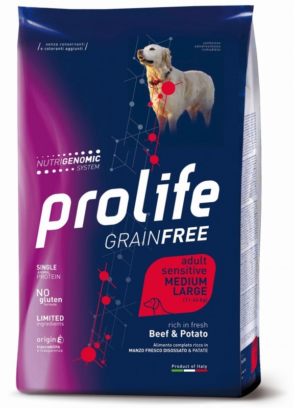 Prolife Dog Grain Free Sensitive Bœuf & Pomme de terre Nourriture sèche pour chiens adultes de taille moyenne/grande Sac de 10 kg