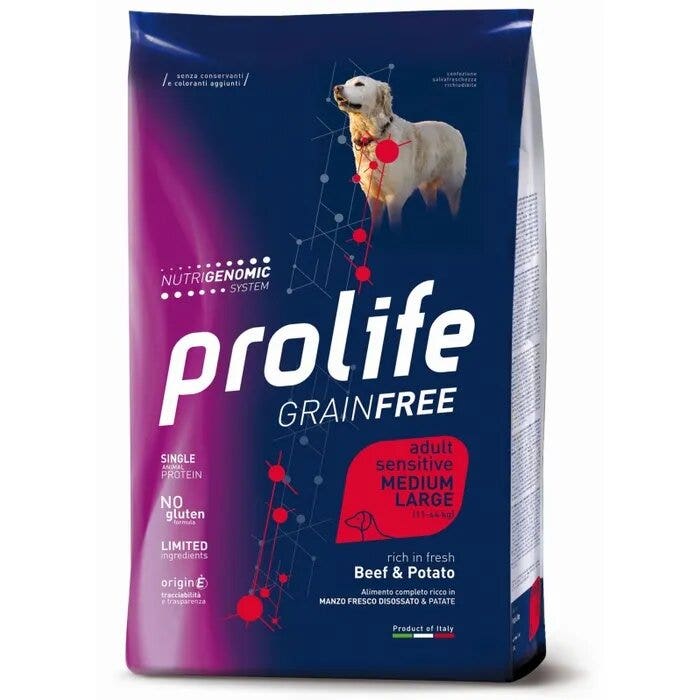 Prolife Dog Grain Free Sensitive Bœuf & Pomme de terre Nourriture sèche pour chiens adultes de taille moyenne/grande Sac de 10 kg