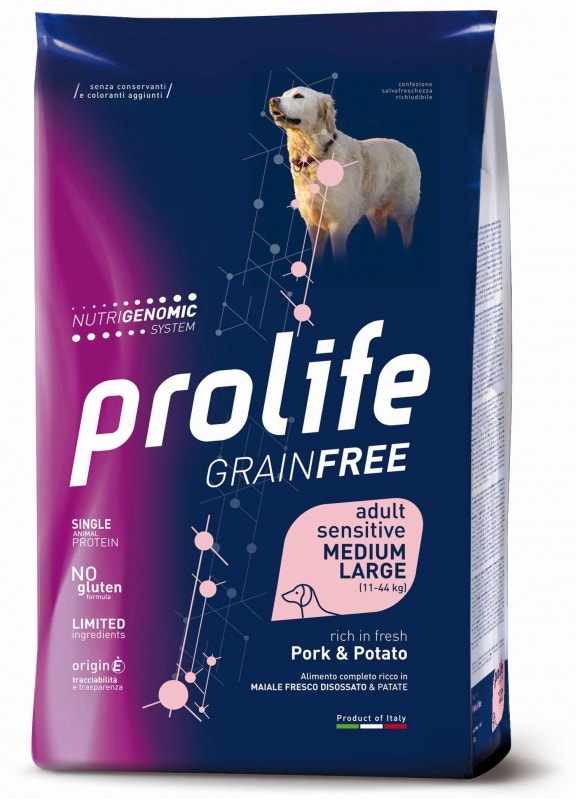 Prolife Dog Grain Free Sensitive Porc & Pomme de terre Croquettes pour chiens adultes de taille moyenne/grande Sac de 10 kg