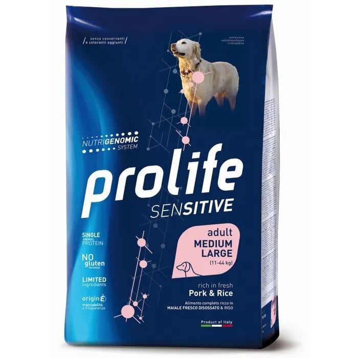 Prolife Dog Sensitive Porc & Riz Croquettes pour chiens adultes de taille moyenne/grande Sac de 10 kg