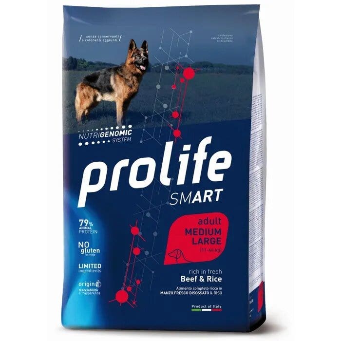 Prolife Dog Smart Bœuf & Riz, croquettes pour chiens adultes de taille moyenne/grande, sac de 12 kg