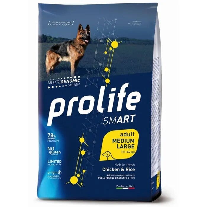 Prolife Dog Smart Poulet & Riz Croquettes pour chiens adultes de taille moyenne/grande, sac de 12 kg