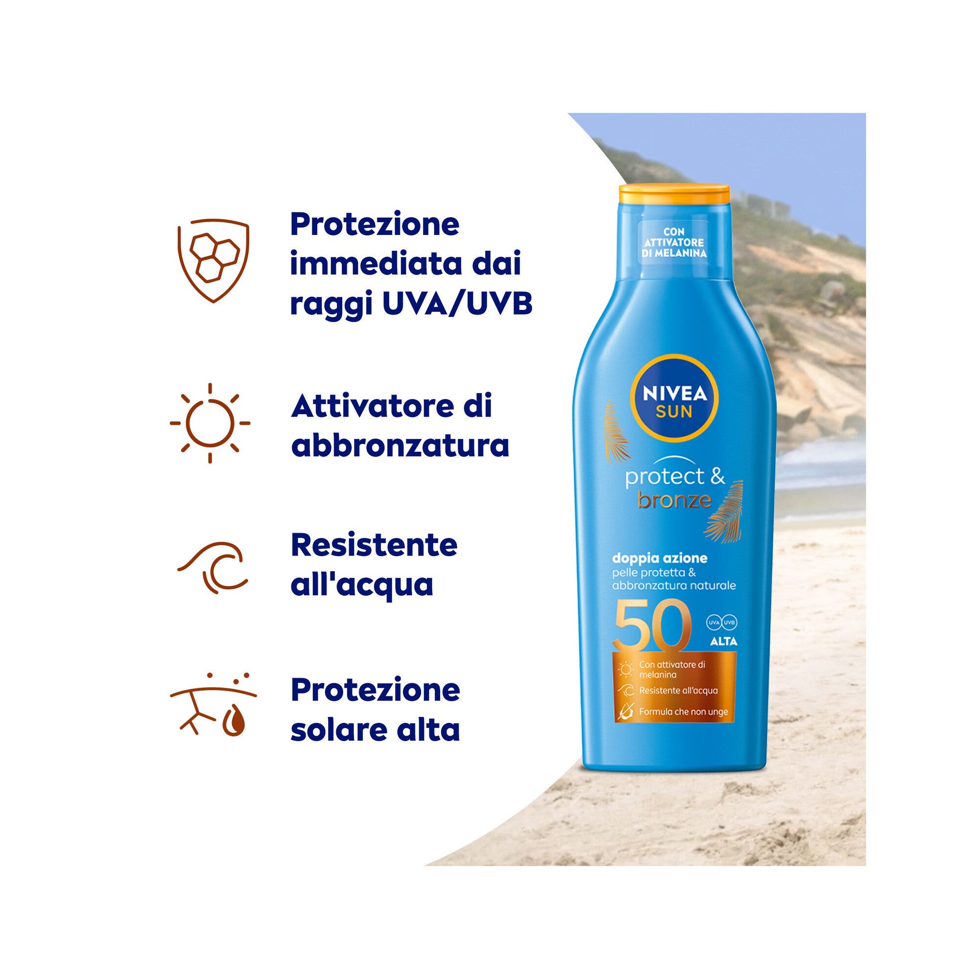 Nivea Sun Latte Solare Protect & Bronze Fp50 Crema Solare Per Un'abbronzatura Dorata 200ml