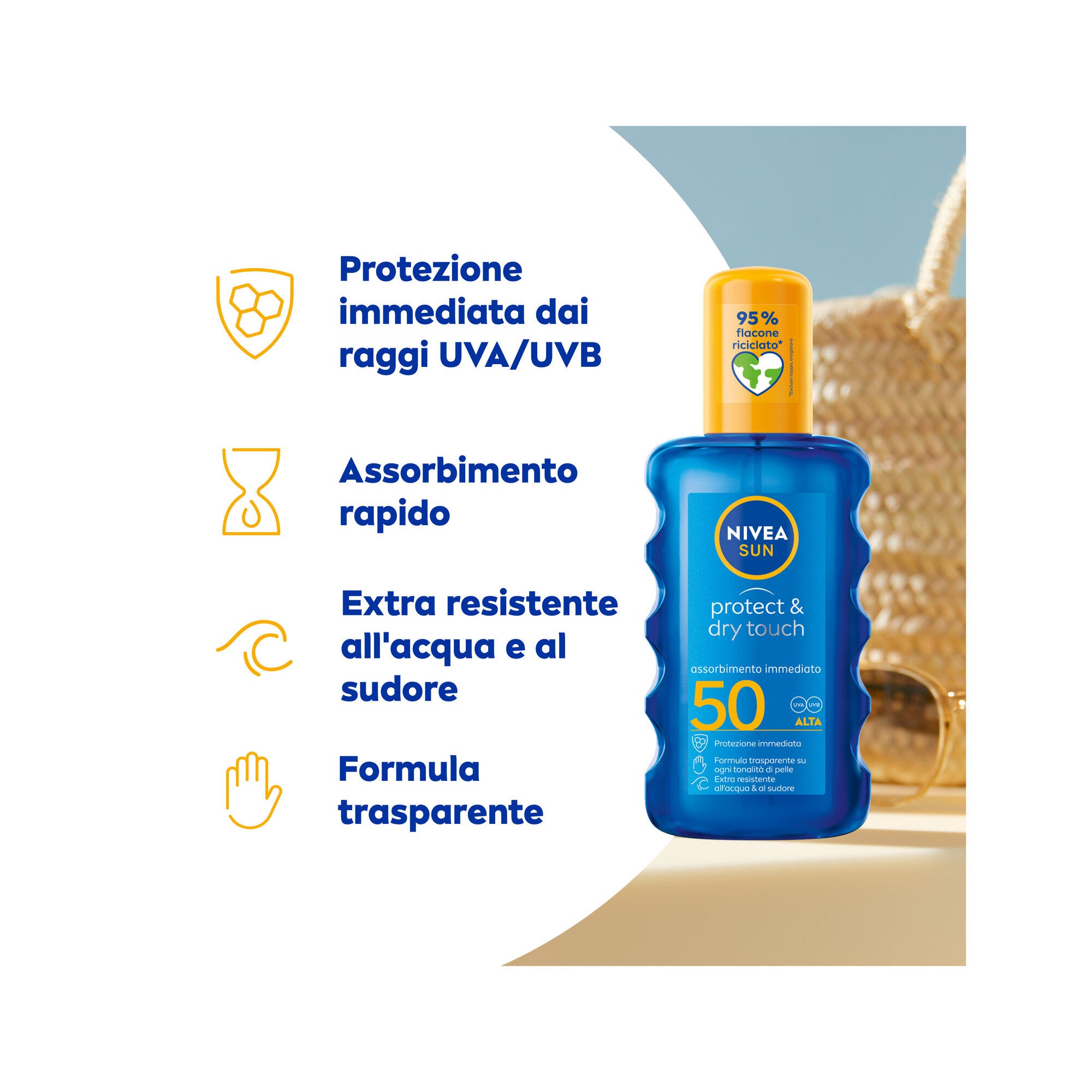 Nivea Sun Spray Solare Protect & Dry Touch Fp50 Crema Solare 100% Trasparente Per Sportivi 200ml