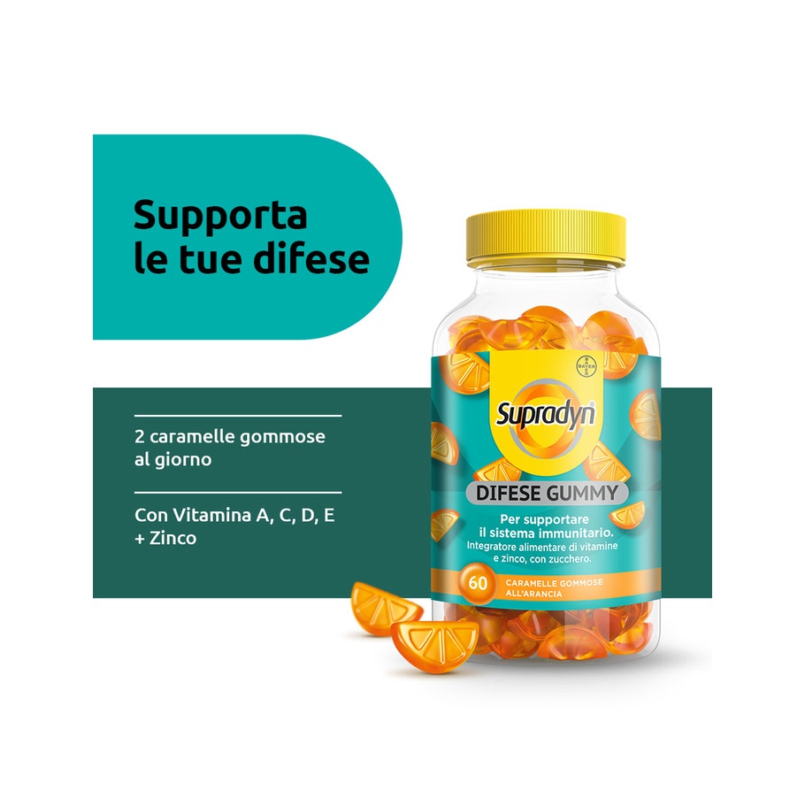 Supradyn Difese Gummy Complément alimentaire pour le système immunitaire : vitamine C, vitamine D et zinc, 60 bonbons