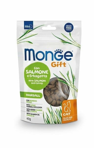 Monge Filled & Crunchy Hairball Snack pour chats au saumon et à l'herbe de chat 60 g