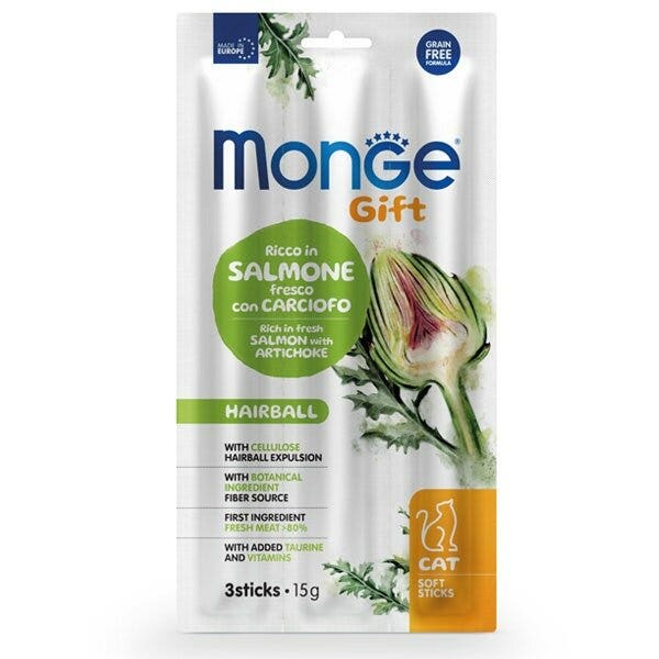 Monge Soft Sticks Hairball pour chats, saumon frais et artichaut, 15 g