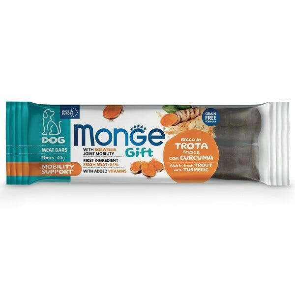 Monge Meat Bars Mobility Support Barre pour chiens adultes Truite fraîche au curcuma 40 g