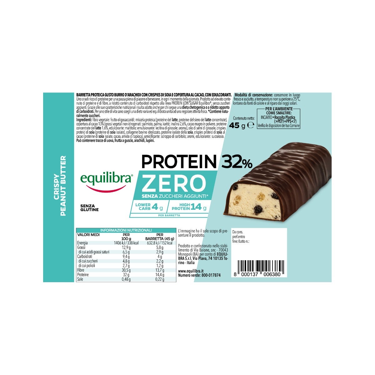 Equilibra Protein 32% Zero Crispy Peanut Butter Barretta 45g