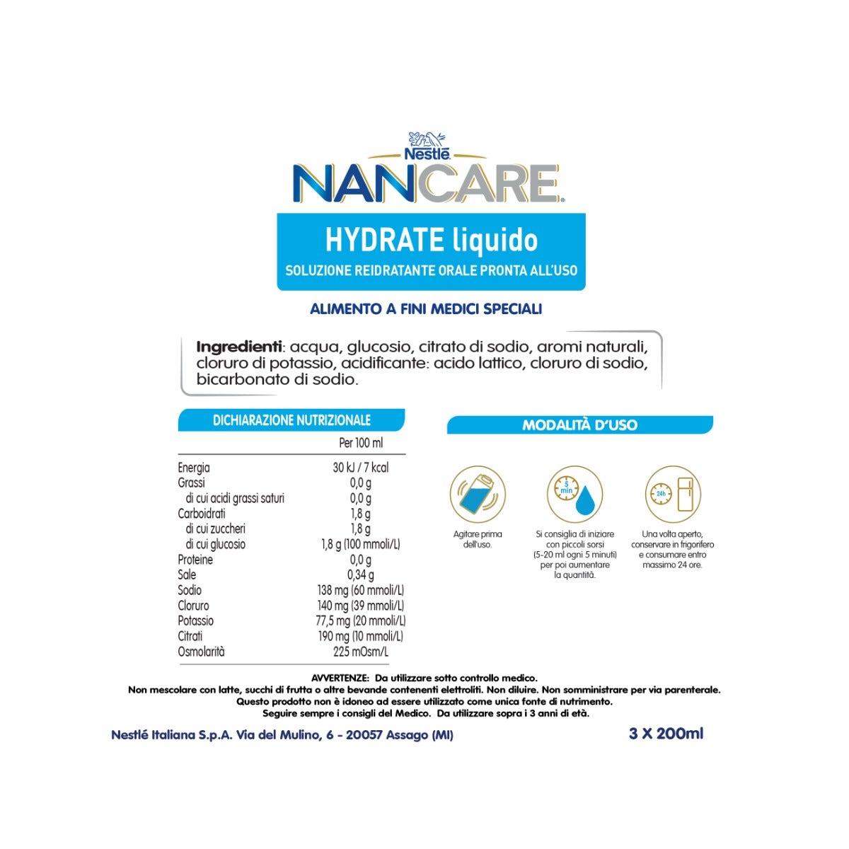 Nestlé Nancare Hydrate Aliment à usage médical spécial à la fraise, 3 briques de 200 ml