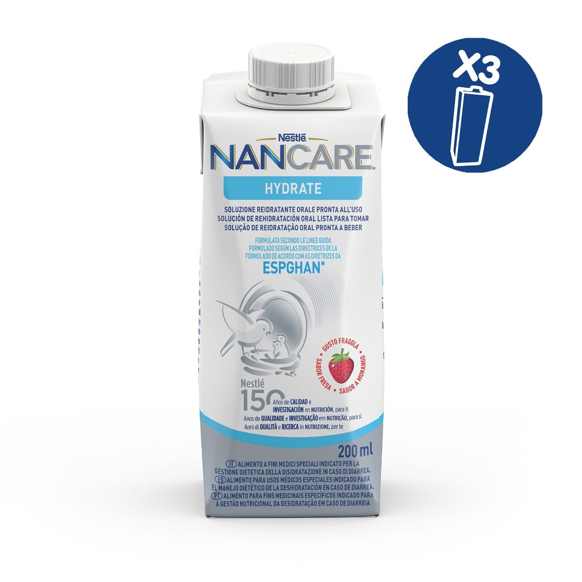 Nestlé Nancare Hydrate Aliment à usage médical spécial à la fraise, 3 briques de 200 ml