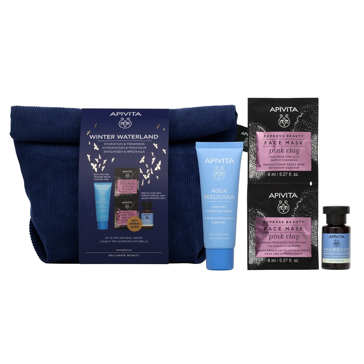 Apivita Coffret Aqua Beelicious Crème Confort Hydratante 40 ml + Tonique Hydratant 20 ml + Masque à l'Argile Rose 2 x 8 ml