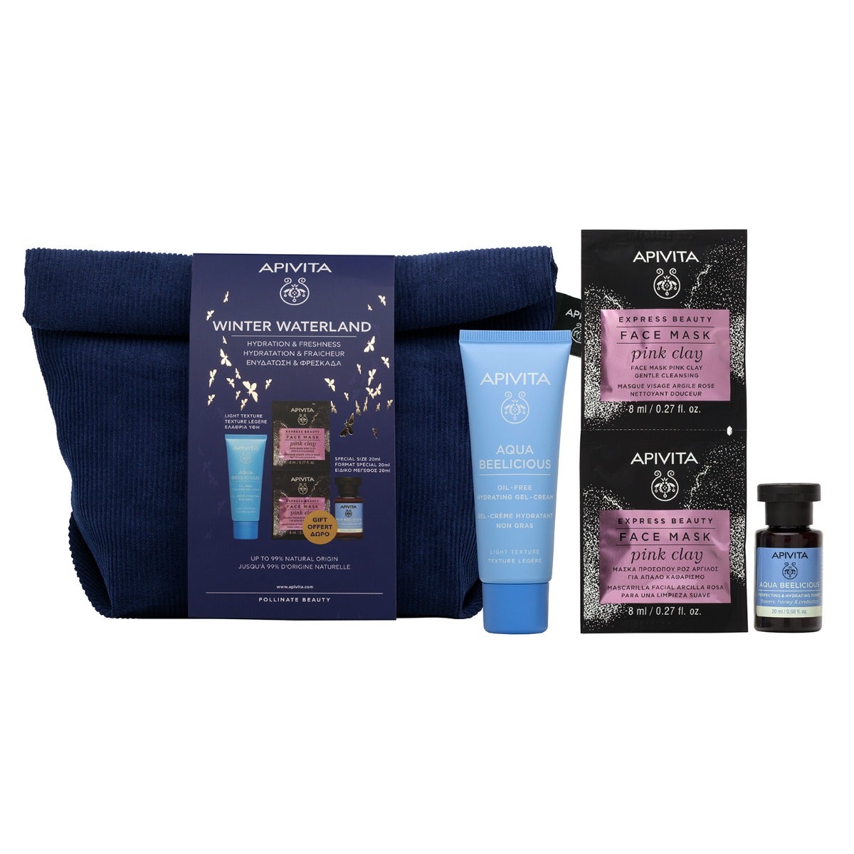 Apivita Cofanetto Aqua Beelicious Gel-Crema Idratante Oil Free 40ml+Tonico Idratante 20ml+Maschera Argilla Rosa 2x8ml