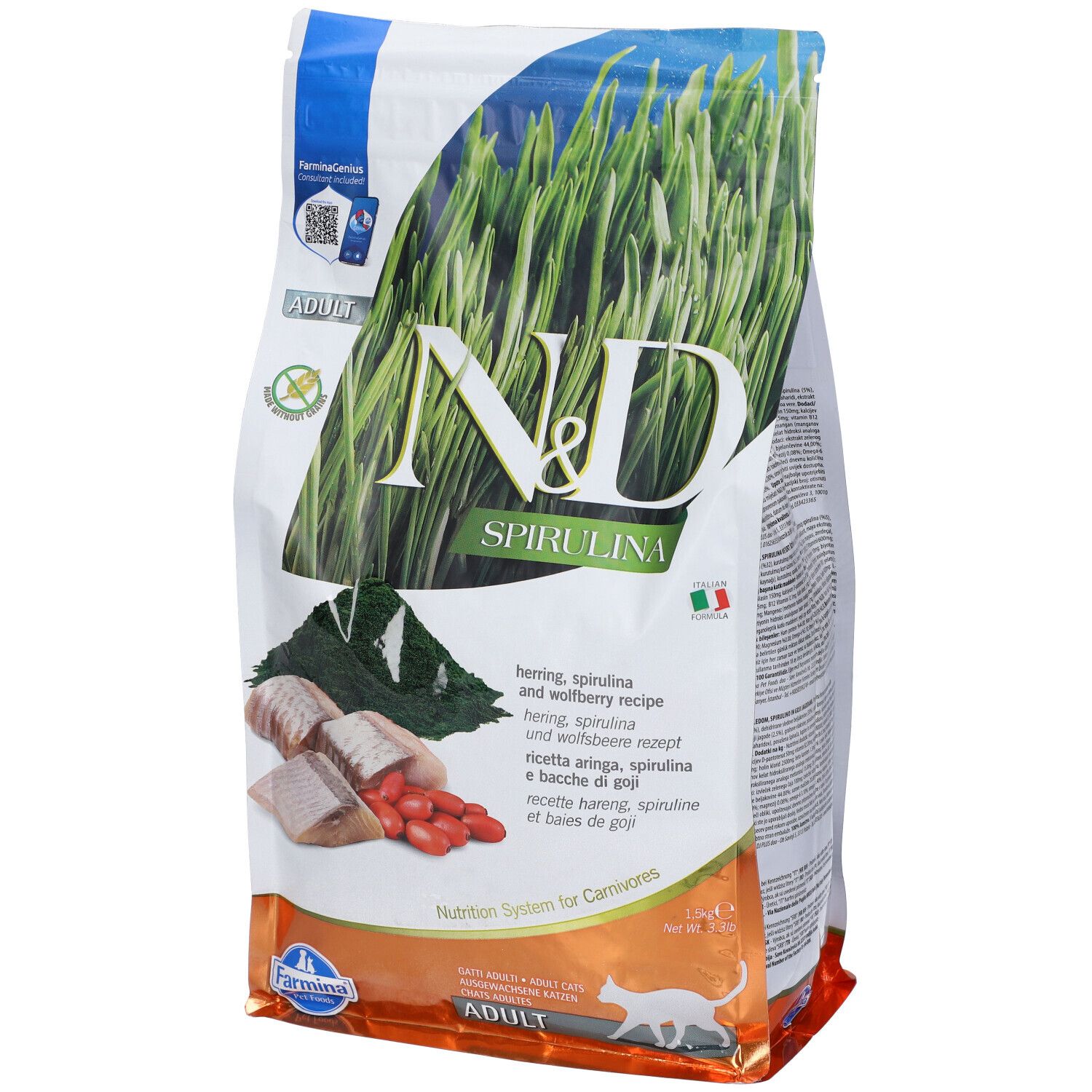 Farmina N&D Spiruline pour chats adultes, saumon, pour chats adultes 1,5 kg