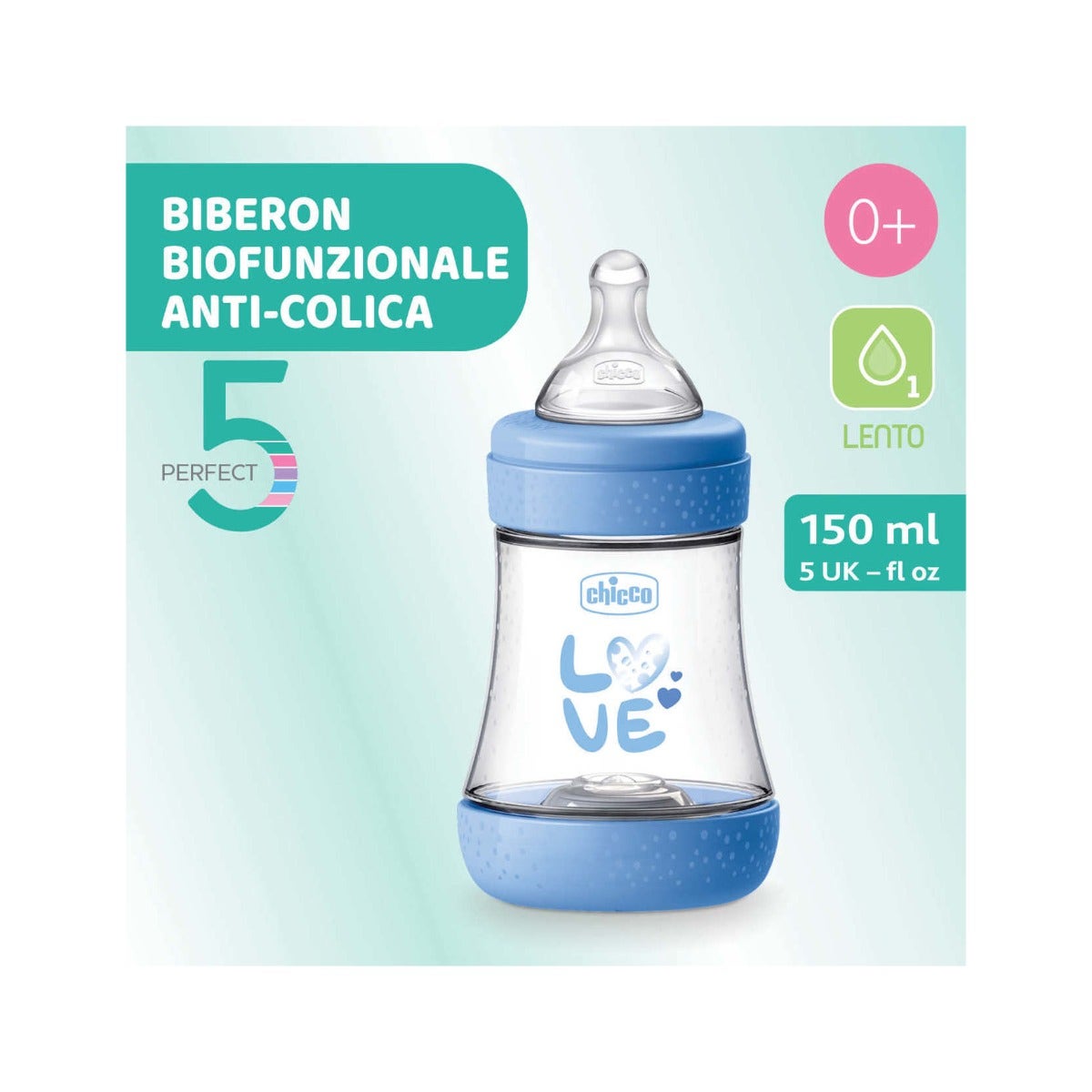 Chicco Biberon pour nouveau-nés Perfect 5 Biberon bleu à débit lent 150 ml 0 mois+