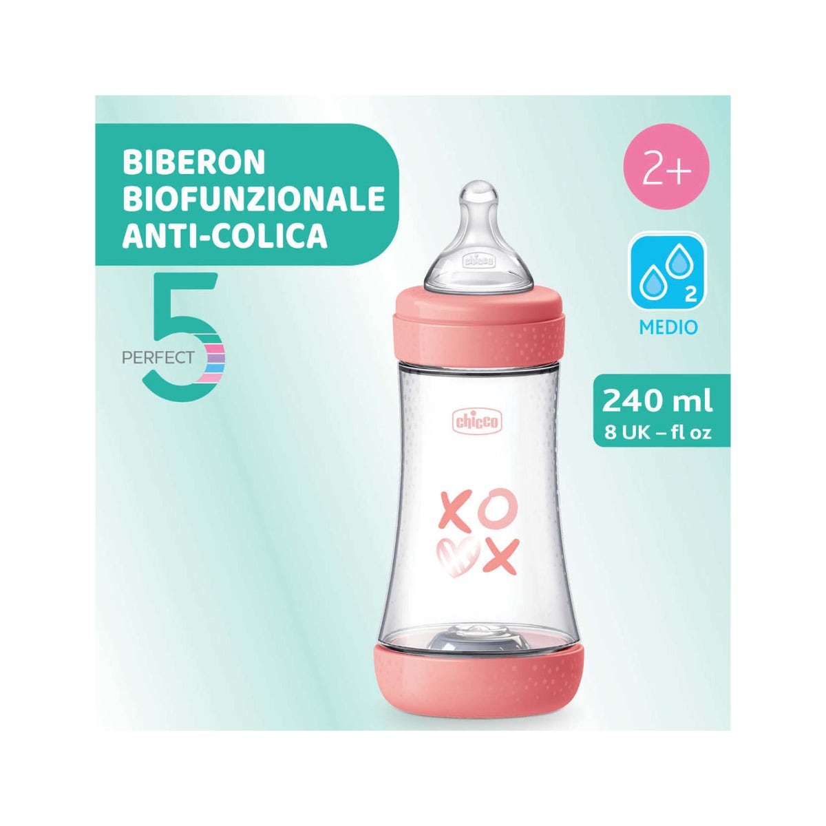 Chicco Biberon pour nouveau-né Perfect 5 Biberon rose débit moyen 240 ml 2 mois+