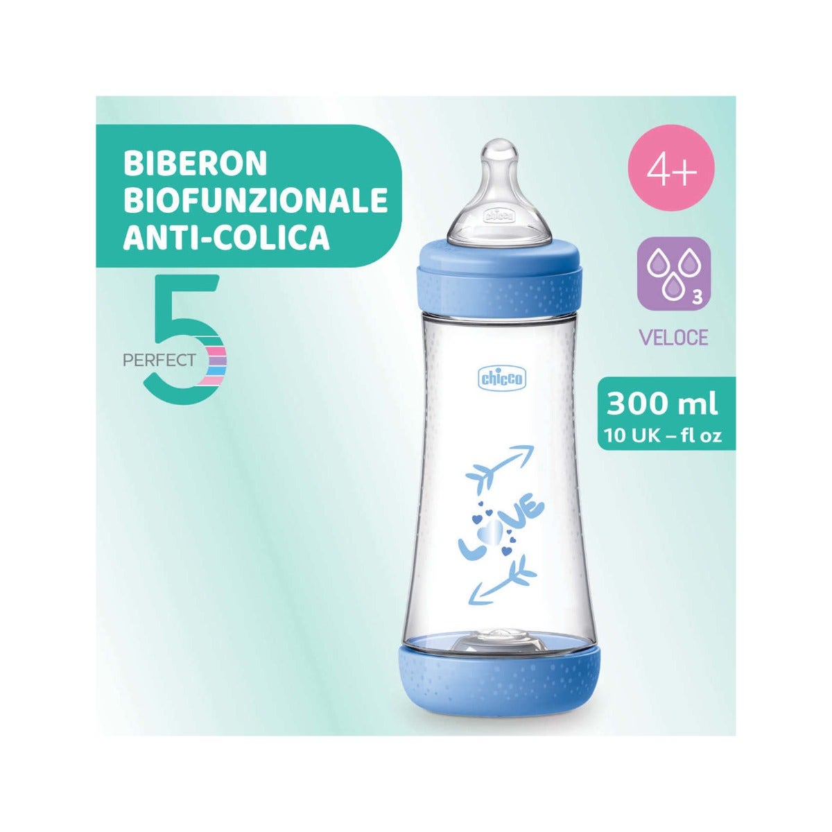 Chicco Biberon pour nouveau-né Perfect 5 Biberon bleu à débit rapide 300 ml 4 mois+