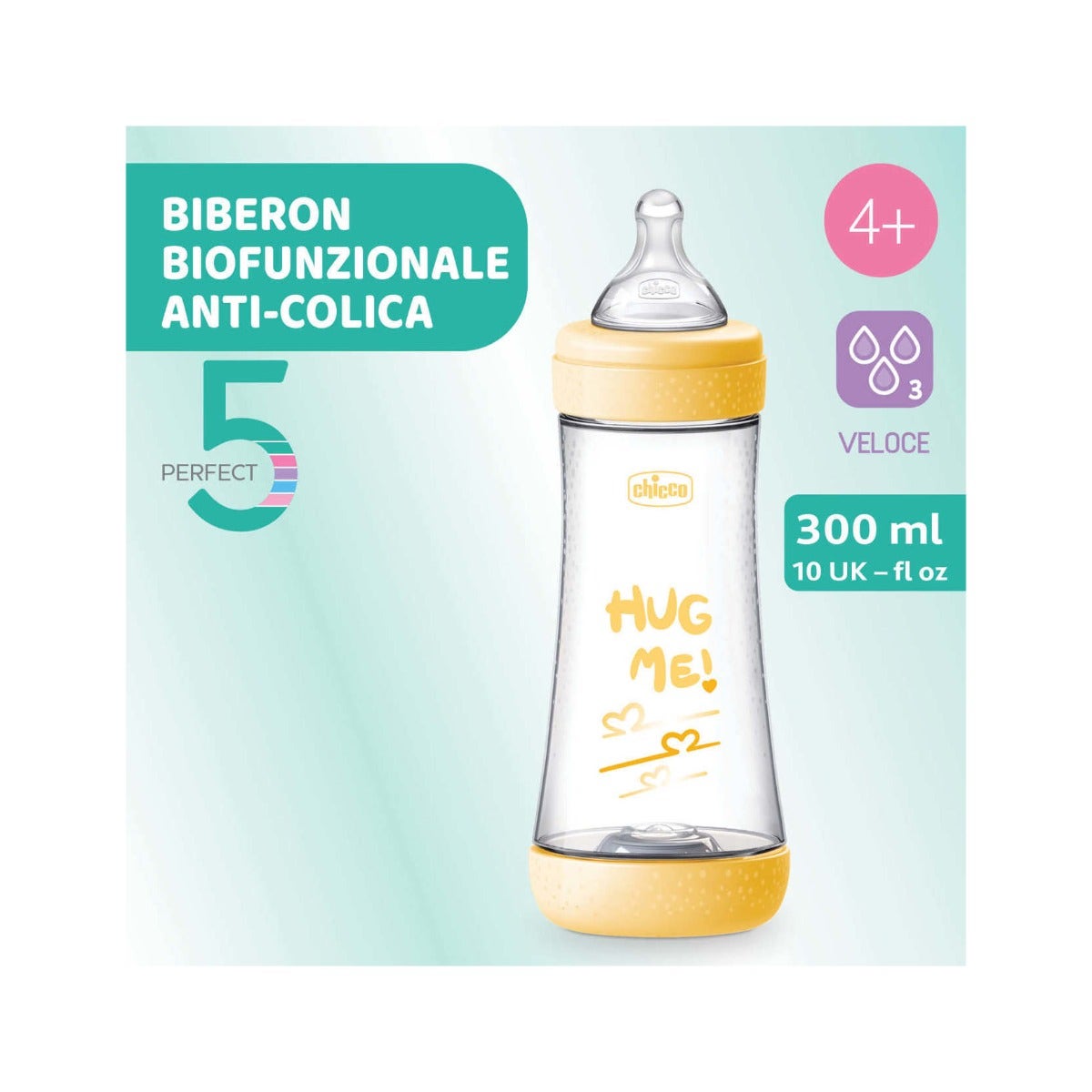 Chicco Biberon pour nouveau-né Perfect 5 Jaune Débit rapide 300 ml 4M+
