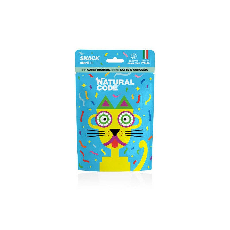 Natural Code Snack Per Gatti Sterilizzati Carni Bianche Ripieno di Latte e Curcuma Busta 60g