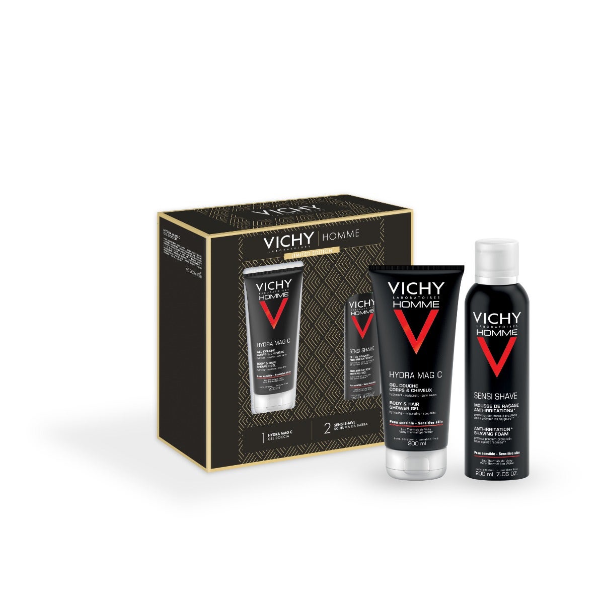 Vichy Coffret Cadeau de Noël pour Homme Hydra Mag C Gel Douche 200 ml + Sensi Shave Mousse à Raser 20 ml