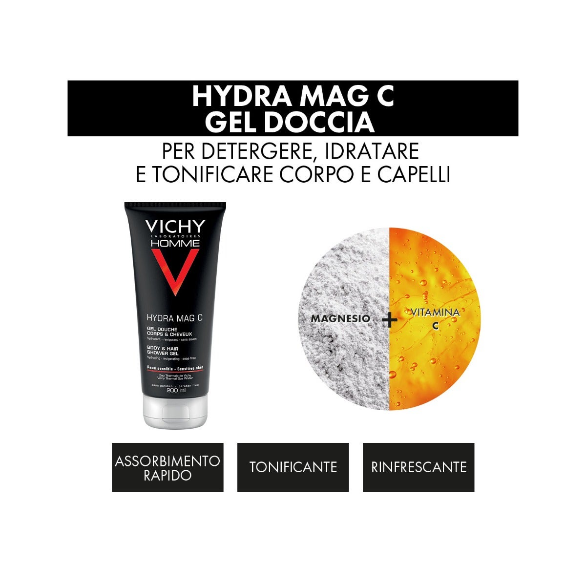 Vichy Coffret Cadeau de Noël pour Homme Hydra Mag C Gel Douche 200 ml + Sensi Shave Mousse à Raser 20 ml