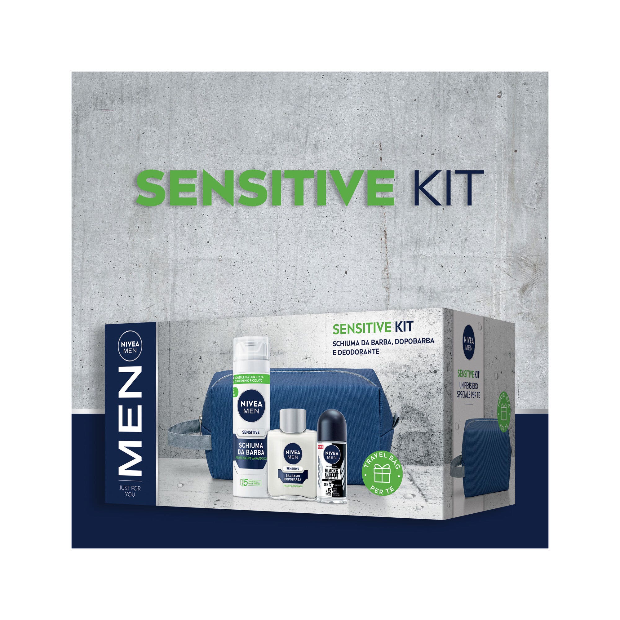 Nivea Men Sensitive Kit Cofanetto Con Schiuma 200ml Dopobarba 100ml Deodorante 50ml E Travel Bag